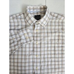 Jos. A. Bank Men's M White Gray Tan Check Plaid Signature Wrinkle Free Button Up